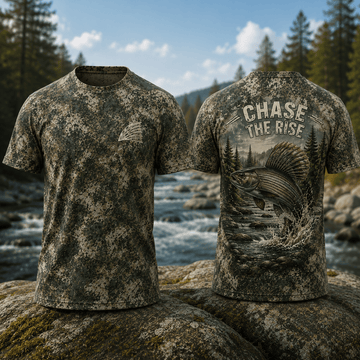 Grayling Fishing - Chase The Rise - distressed river camouflage All-over print Tee