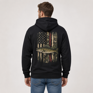 Patriotic Walleye Fishing - Vintage Camo American Flag Angler Unisex Hoodie, sweatshirt
