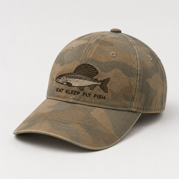 Grayling Fishing - Eat, Sleep, Fly Fish, Embroidered Baseball Cap - Unisex Grayling Fishing Hat - Pastel Camouflage