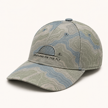 Grayling On The Fly Embroidered Baseball Cap - Unisex Grayling Fishing Hat - Pastel Camouflage