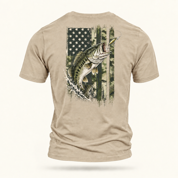 Largemouth Bass Camo Flag Shirt – Distressed American Fishing T-Shirt