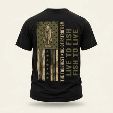 Live to Fish Patriotic Bass Fishing T-Shirt – Vintage Camo Flag Fishing Tee