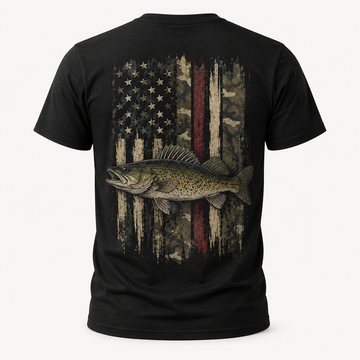 Patriotic Walleye Fishing T-Shirt – Vintage Camo American Flag Angler Tee